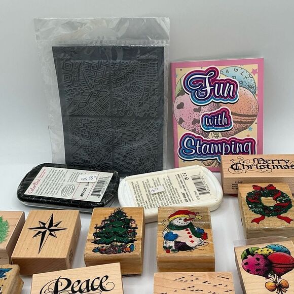 19 Assorted Rubber Stamps Set with inks and book, most are new. - Picture 2 of 9